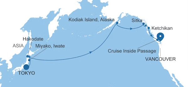 Silver Moon Tokyo to Vancouver voyage MO280508017 itinerary map
