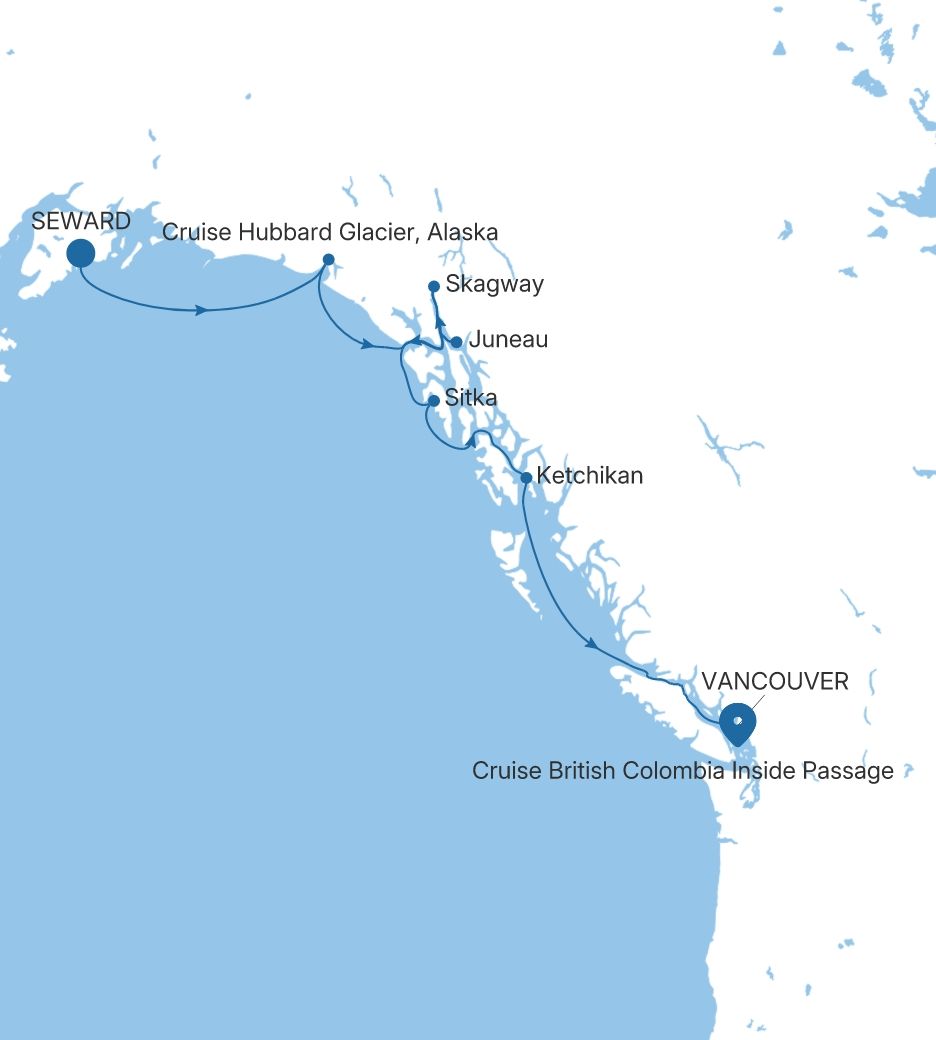Silver Moon Seward (Anchorage, Alaska) to Vancouver voyage MO260820007 itinerary map