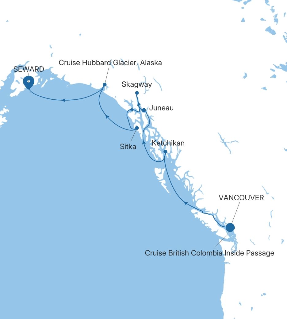 Silver Moon Vancouver to Seward (Anchorage, Alaska) voyage MO260827007 itinerary map