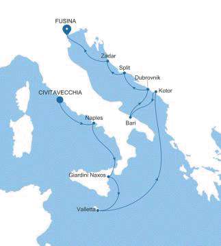 Silver Muse Civitavecchia (Rome) to Fusina (Venice) voyage SM260623010 itinerary map