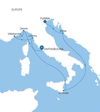 Silver Muse Fusina (Venice) to Civitavecchia (Rome) voyage SM260213010 itinerary map