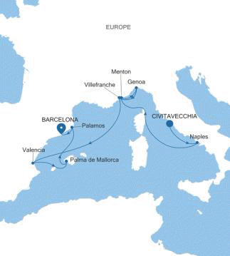 Silver Muse Civitavecchia (Rome) to Barcelona voyage SM260223010 itinerary map