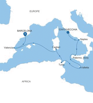 Silver Muse Civitavecchia (Rome) to Barcelona voyage SM260114010 itinerary map