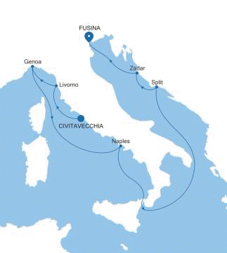 Silver Muse Civitavecchia (Rome) to Fusina (Venice) voyage SM260203010 itinerary map
