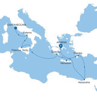 Silver Muse Civitavecchia (Rome) to Athens (Piraeus) voyage SM260315010 itinerary map