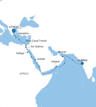 Silver Muse Mumbai Athens (Piraeus) voyage SM270401017 itinerary map