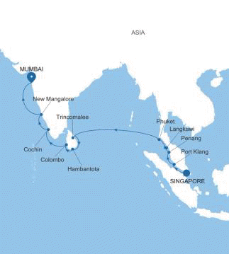 Silver Muse Singapore Mumbai voyage SM270314018 itinerary map