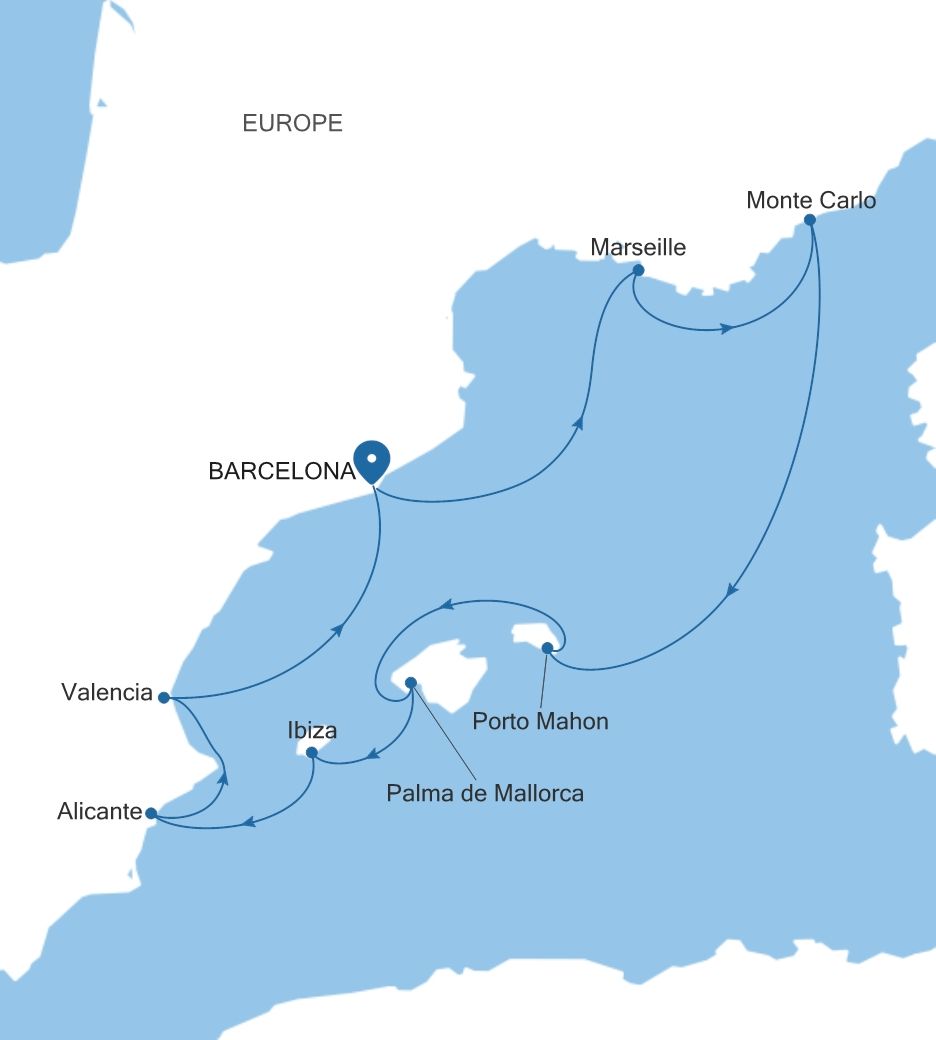 Silver Muse Barcelona to Barcelona voyage SM260829009 itinerary map