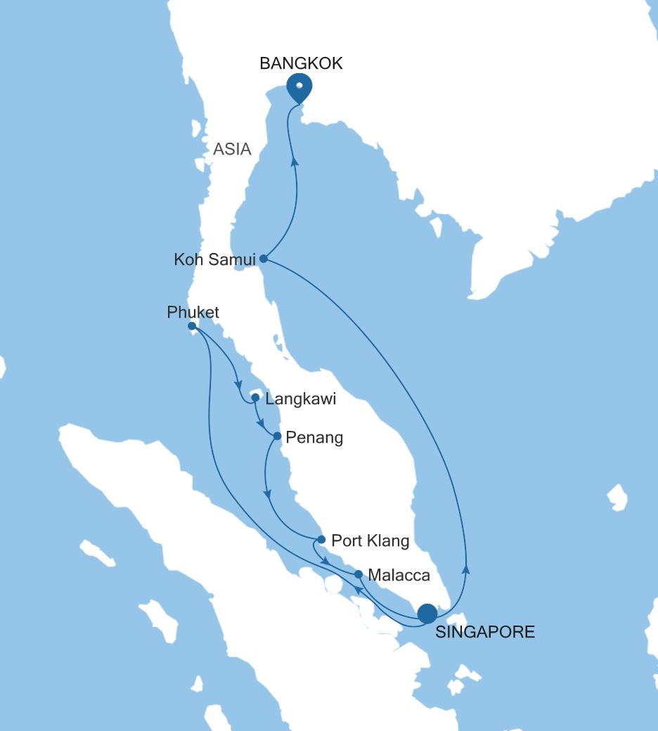 Silver Muse Singapore to Bangkok (Laem Chabang) voyage SM280211012 itinerary map