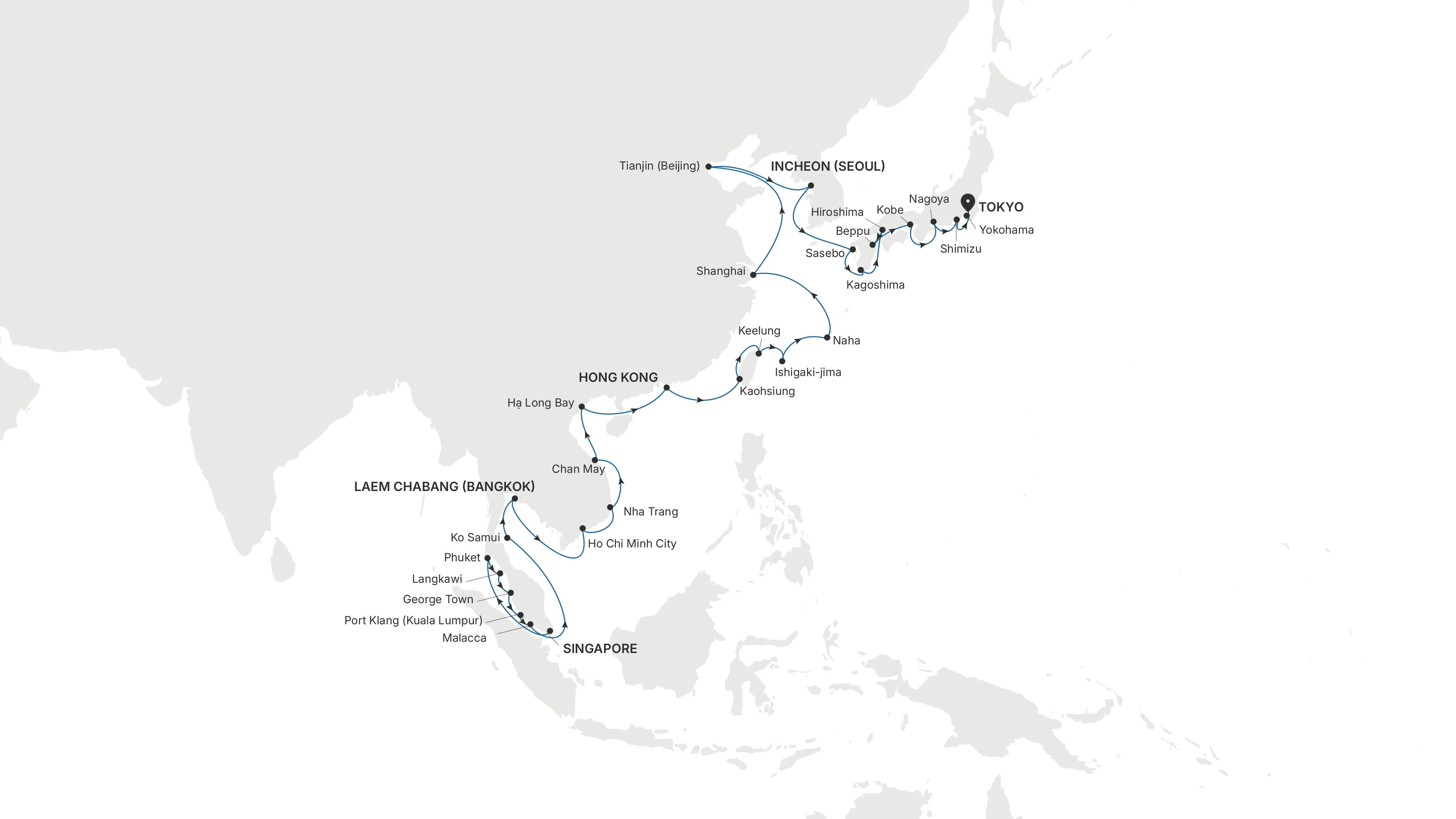 Silver Muse Singapore to Tokyo voyage SM280211051 itinerary map