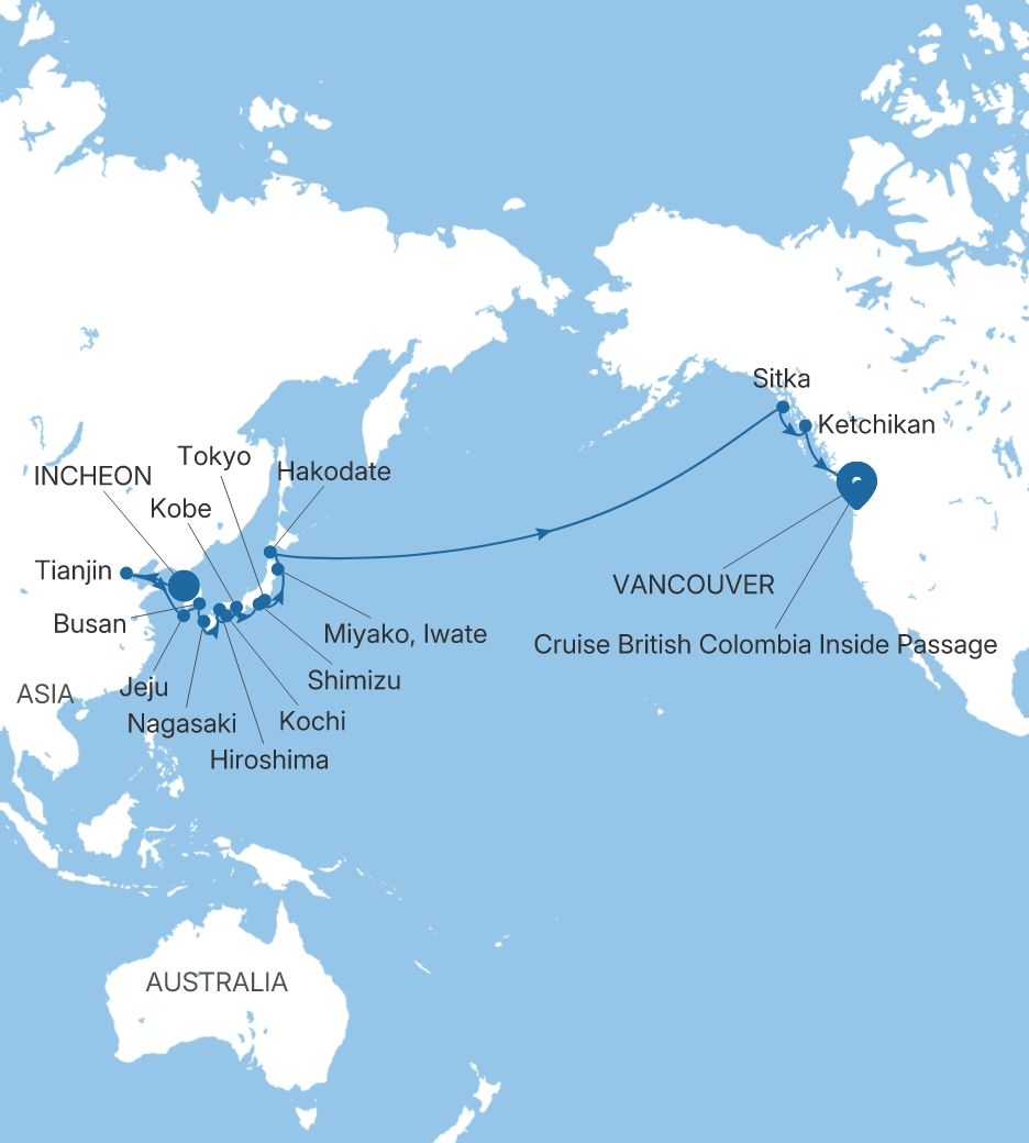 Silver Muse Incheon (Seoul) to Vancouver voyage SM280430C31 itinerary map