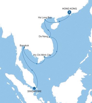 Silver Nova Singapore to Hong Kong voyage SN260212014 itinerary map