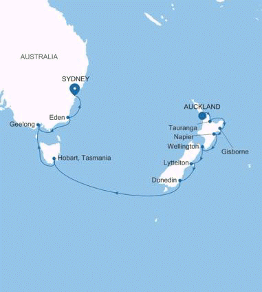 Silver Nova Auckland to Sydney voyage SN260109016 itinerary map