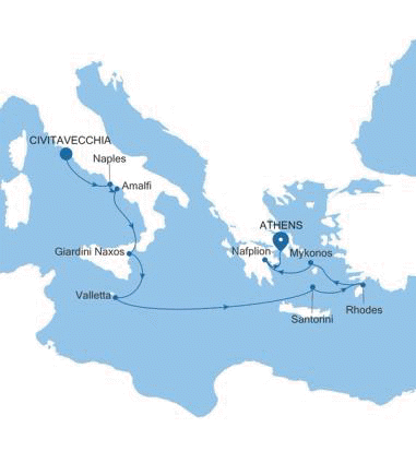 Silver Nova Civitavecchia (Rome) to Athens (Piraeus) voyage SN260624011 itinerary map
