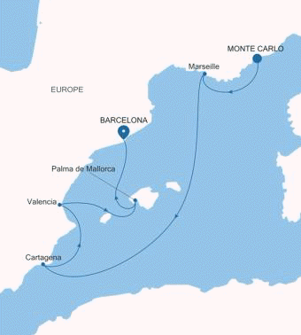 Silver Ray Monte Carlo to Barcelona voyage RA260621006 itinerary map