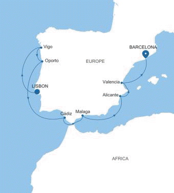 Silver Ray Lisbon to Barcelona voyage RA260405011 itinerary map