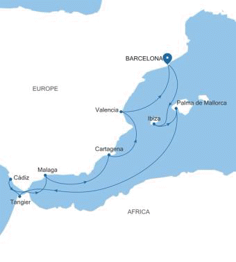 Silver Ray Barcelona to Barcelona voyage RA260416011 itinerary map