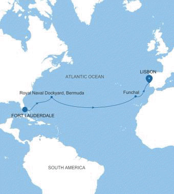 Silver Ray Fort Lauderdale to Lisbon voyage RA260310014 itinerary map