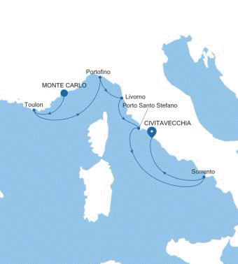 Silver Ray Monte Carlo to Civitavecchia (Rome) voyage RA260705007 itinerary map