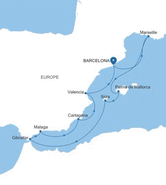 Silver Ray Barcelona to Barcelona voyage RA260508011 itinerary map