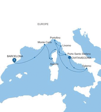 Silver Ray Civitavecchia (Rome) to Barcelona voyage RA260529011 itinerary map