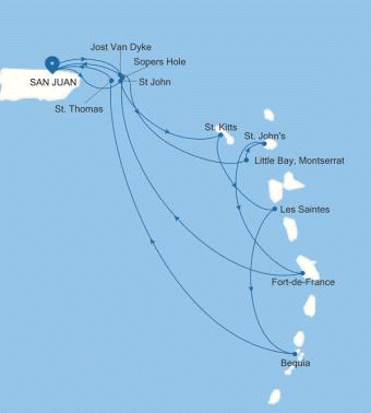 Silver Shadow Jost Van to San Juan voyage SS261220C14 historical itinerary map