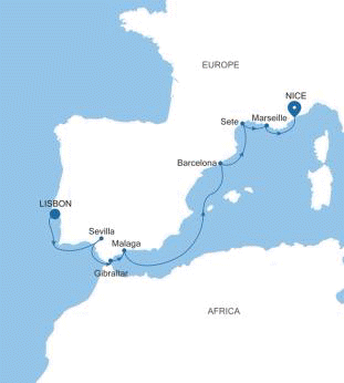 Silver Shadow Lisbon to Nice voyage SS260317010 historical itinerary map