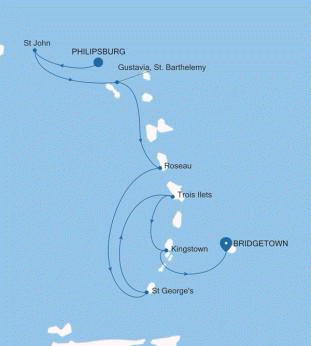 Silver Shadow Philipsburg to Bridgetown voyage SS260226007 historical itinerary map