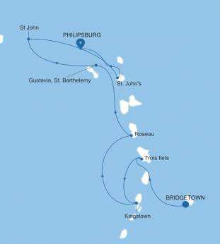 Silver Shadow Bridgetown to Philipsburg voyage SS260212007 historical itinerary map