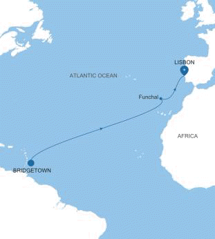 Silver Shadow Bridgetown to Lisbon voyage SS260305012 historical itinerary map