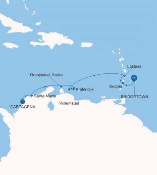 Silver Shadow Cartagena to Bridgetown voyage SS260203009 historical itinerary map