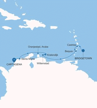 Silver Shadow Bridgetown to Cartagena voyage SS260125009 historical itinerary map