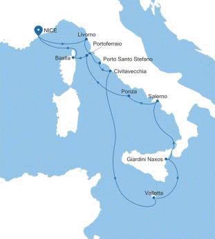 Silver Shadow Nice to Nice voyage SS260514012 historical itinerary map
