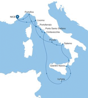 Silver Shadow Nice to Nice voyage SS260327012 historical itinerary map