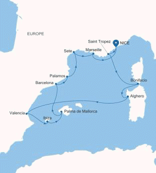 Silver Shadow Nice to Nice voyage SS260526012 historical itinerary map