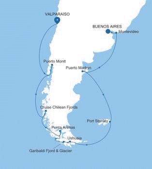 Map of preserved Silver Whisper voyage WH260226018 from Buenos Aires to Valparaiso