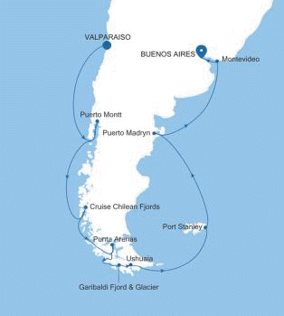 Map of preserved Silver Whisper voyage WH260115018 from Valparaiso to Buenos Aires