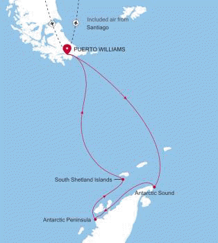 Map of preserved Silver Wind voyage WI260222010 from Puerto Williams to Puerto Williams