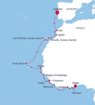 Map of preserved Silver Wind voyage WI260423020 from Tema (Accra) to Lisbon