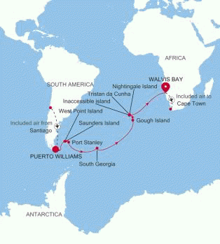 Map of preserved Silver Wind voyage WI260316021 from Puerto Williams, Chile to Walvis Bay, Namibia