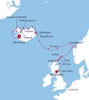 Map of preserved Silver Wind voyage WI260606012 from Edinburgh (Leith) to Reykjavik