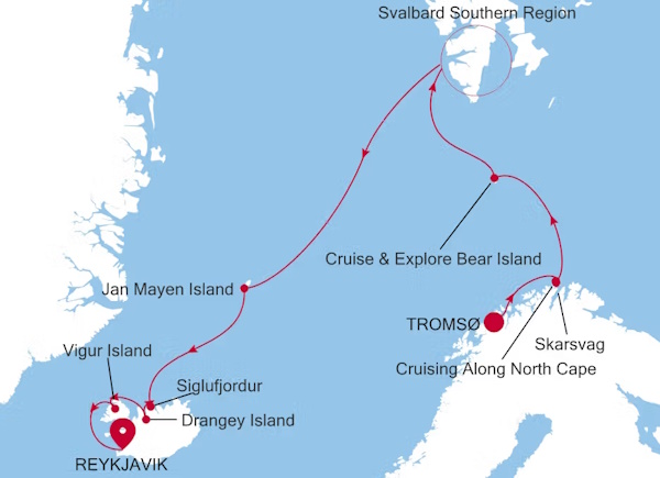 Silver Endeavour Tromso to Reykjavik voyage EV270811012 itinerary map