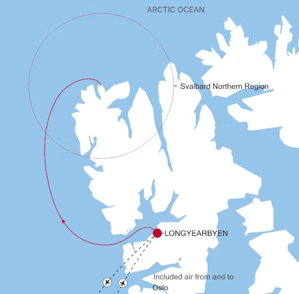 Silver Endeavour Longyearbyen to Longyearbyen voyage EV270719007 itinerary map
