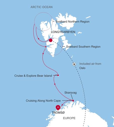 Silver Endeavour Longyearbyen to Tromsø voyage EV260802009 itinerary map