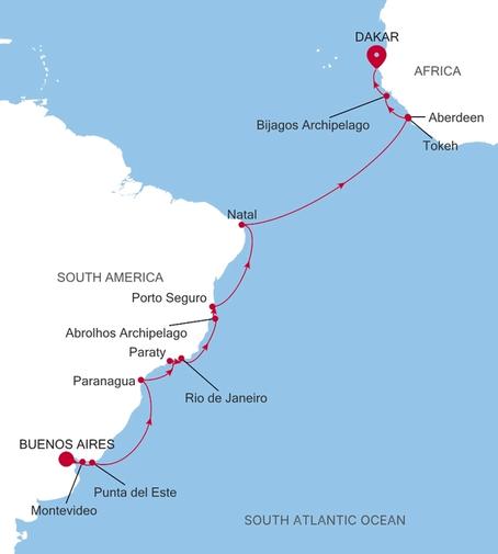 Silver Endeavour Buenos Aires to Dakar voyage EV270325023 itinerary map
