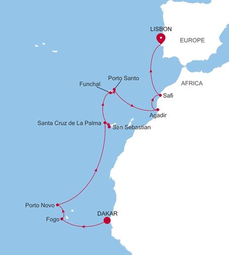 Silver Endeavour Dakar to Lisbon voyage EV270417014 itinerary map