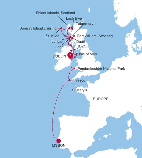 Silver Endeavour Lisbon to Dublin voyage EV270501012 itinerary map