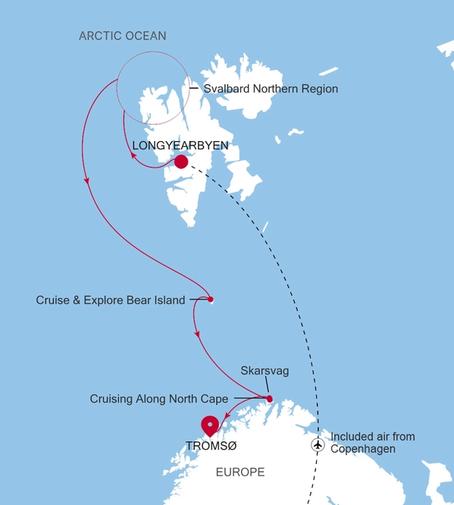 Silver Endeavour Longyearbyen to Tromsø voyage EV270701009 itinerary map