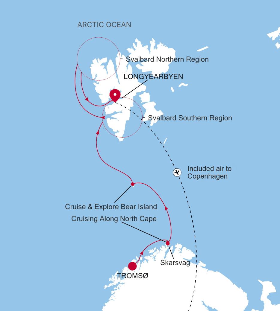 Silver Endeavour Tromsø to Longyearbyen voyage EV270710009 itinerary map