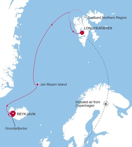 Silver Endeavour Longyearbyen to Reykjavik voyage EV270719012 itinerary map